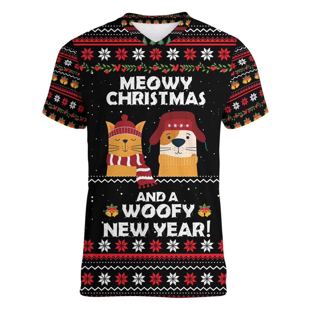 Meowy Christmas Woofy New Year Women V-Neck T-Shirt with Cat and Dog in Winter Hats and Festive Pattern Design - Wonder Print Shop
