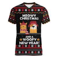 Meowy Christmas Woofy New Year Women V-Neck T-Shirt with Cat and Dog in Winter Hats and Festive Pattern Design - Wonder Print Shop