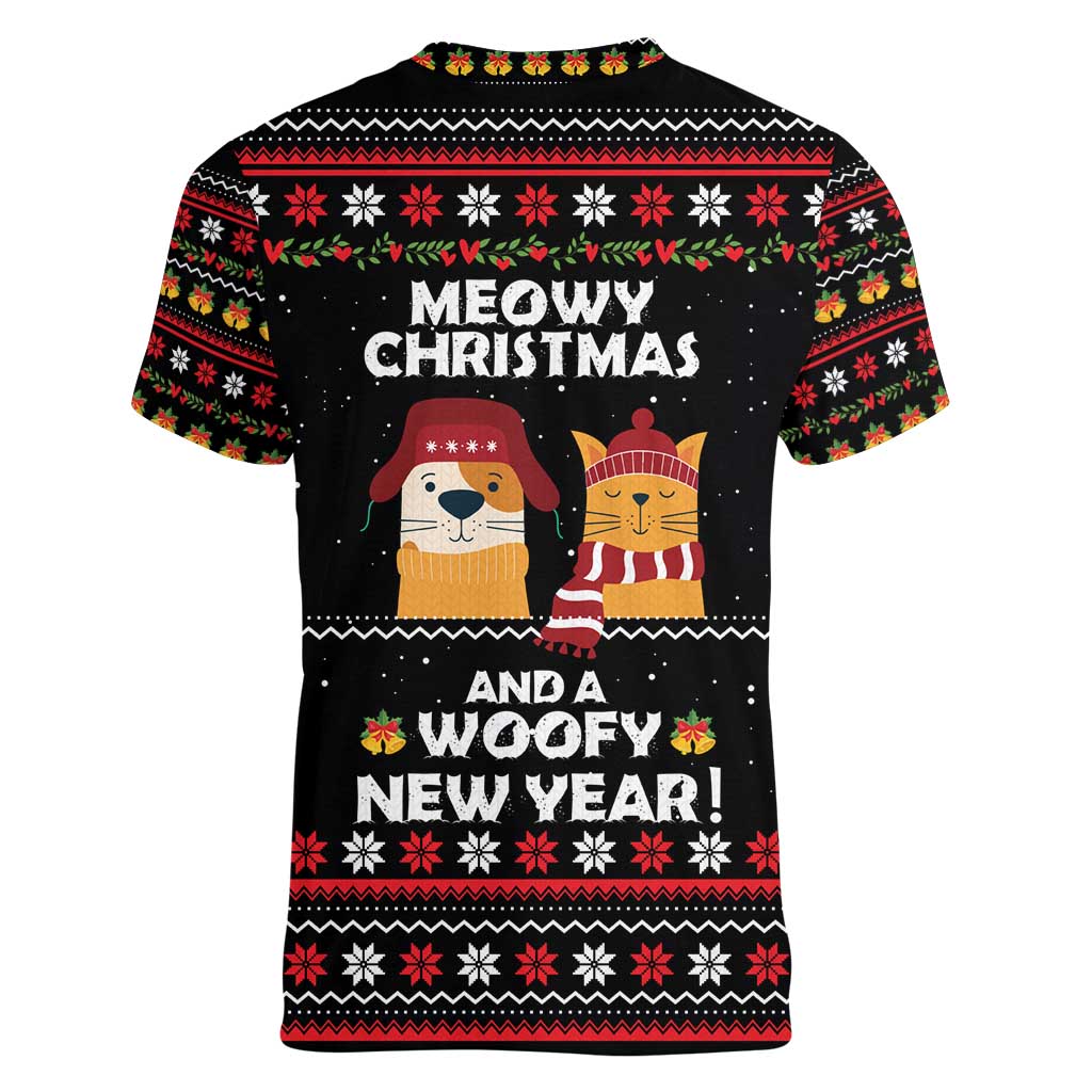 Meowy Christmas Woofy New Year Women V-Neck T-Shirt with Cat and Dog in Winter Hats and Festive Pattern Design - Wonder Print Shop