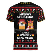 Meowy Christmas Woofy New Year Women V-Neck T-Shirt with Cat and Dog in Winter Hats and Festive Pattern Design - Wonder Print Shop