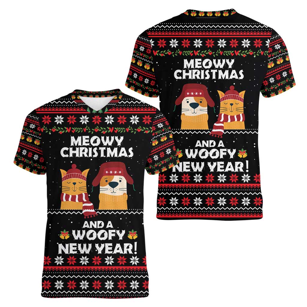 Meowy Christmas Woofy New Year Women V-Neck T-Shirt with Cat and Dog in Winter Hats and Festive Pattern Design - Wonder Print Shop