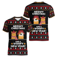 Meowy Christmas Woofy New Year Women V-Neck T-Shirt with Cat and Dog in Winter Hats and Festive Pattern Design - Wonder Print Shop