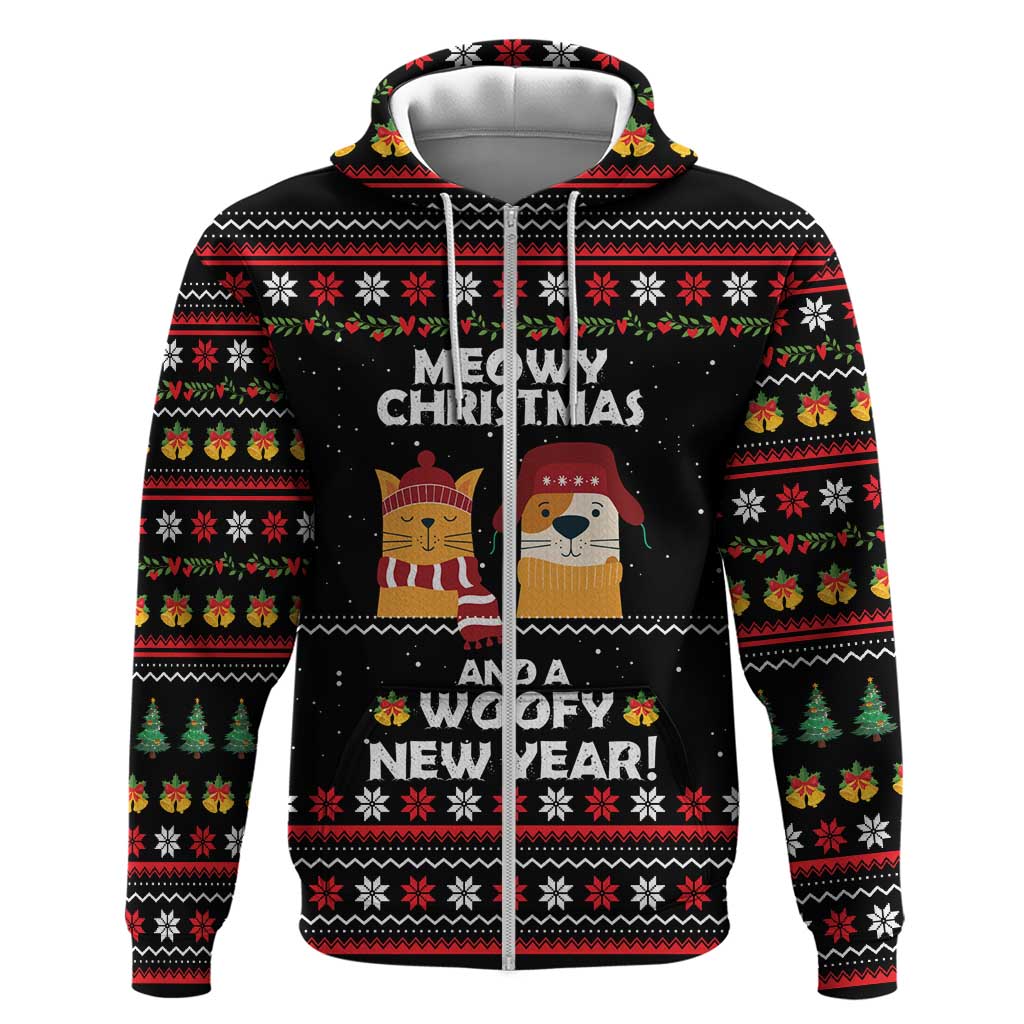 Meowy Christmas Woofy New Year Zip Hoodie with Cat and Dog in Winter Hats and Festive Pattern Design - Wonder Print Shop