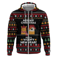 Meowy Christmas Woofy New Year Zip Hoodie with Cat and Dog in Winter Hats and Festive Pattern Design - Wonder Print Shop