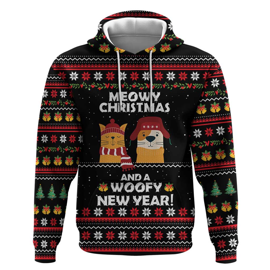 Meowy Christmas Woofy New Year Zip Hoodie with Cat and Dog in Winter Hats and Festive Pattern Design - Wonder Print Shop