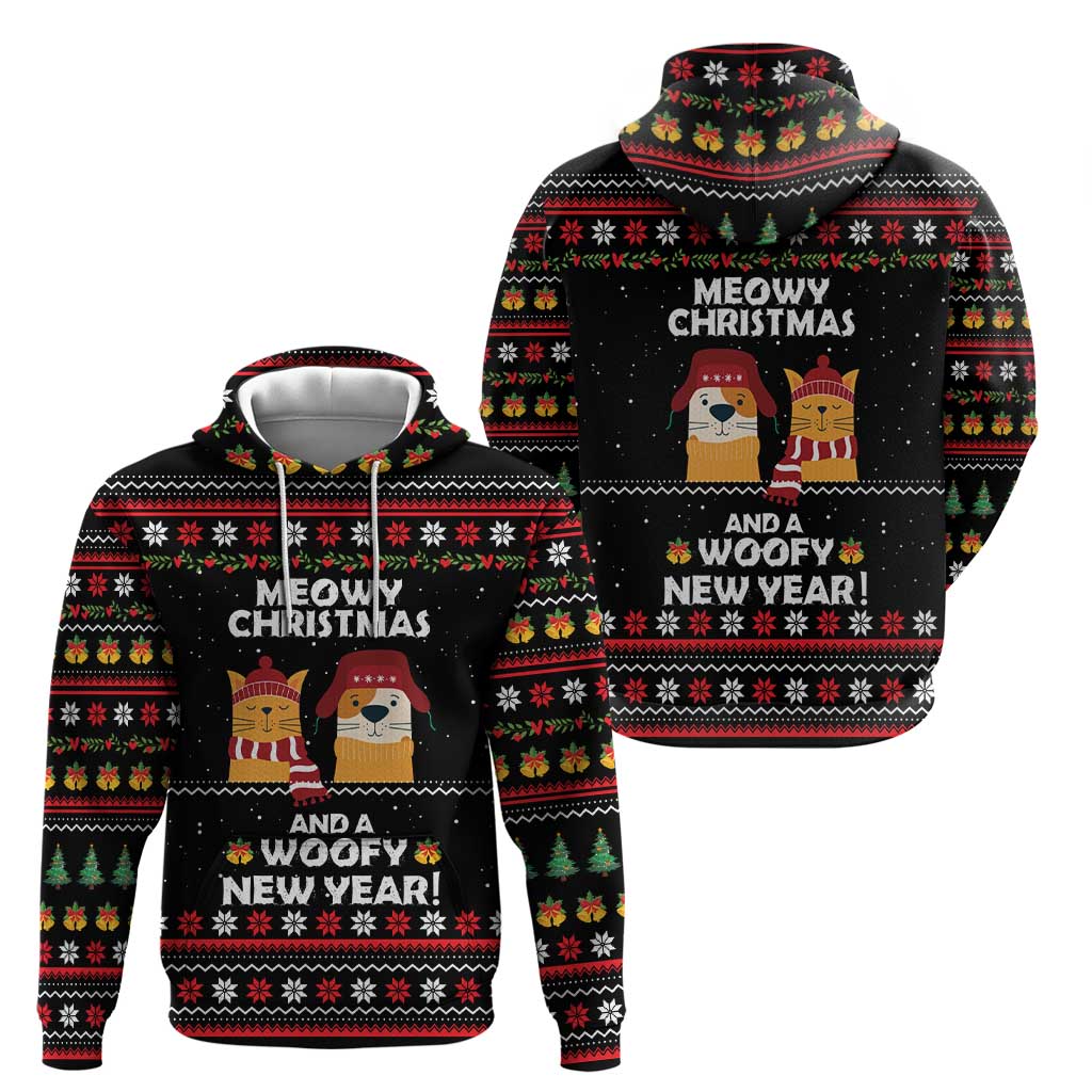 Meowy Christmas Woofy New Year Zip Hoodie with Cat and Dog in Winter Hats and Festive Pattern Design - Wonder Print Shop