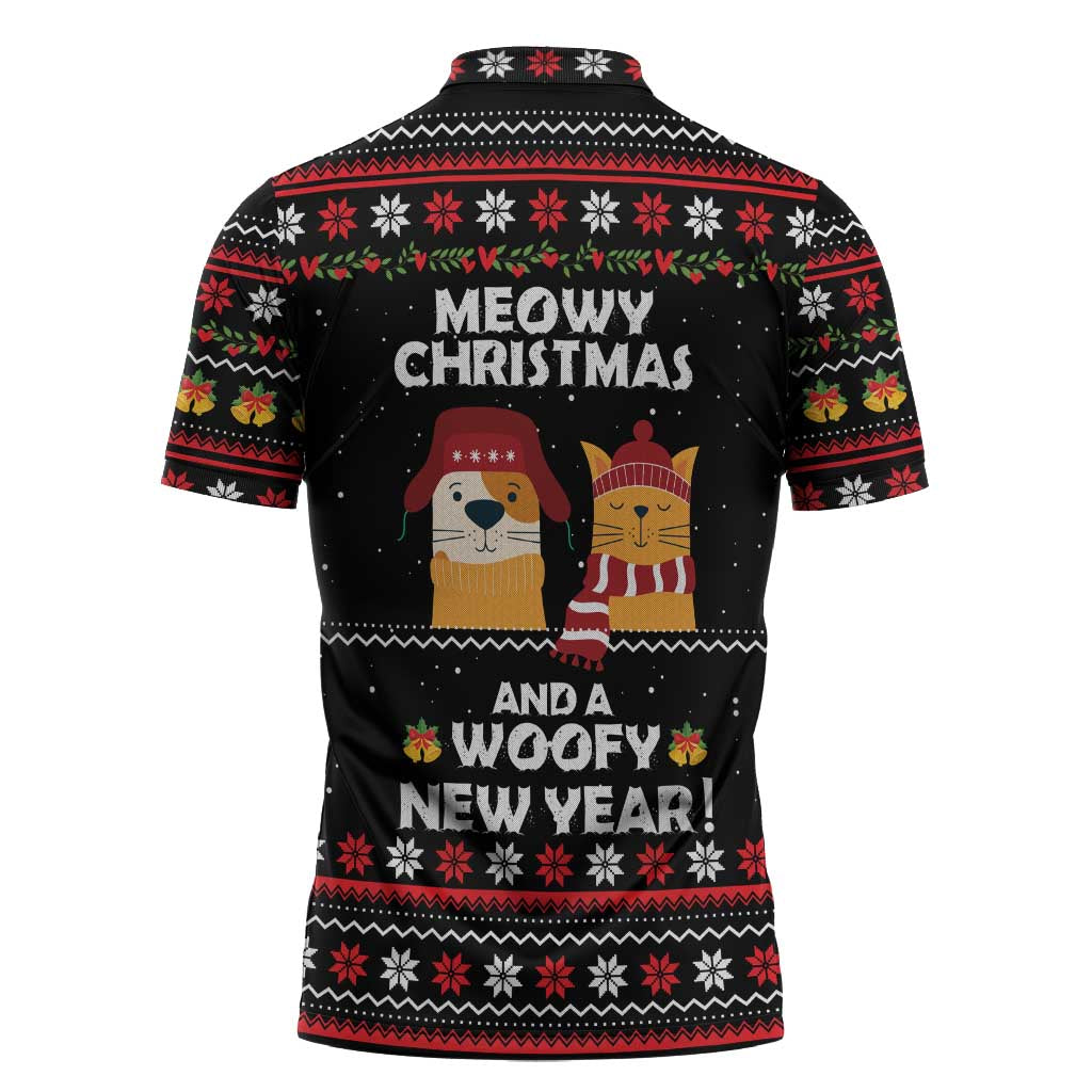 Meowy Christmas Woofy New Year Zipper Polo Shirt with Cat and Dog in Winter Hats and Festive Pattern Design - Wonder Print Shop