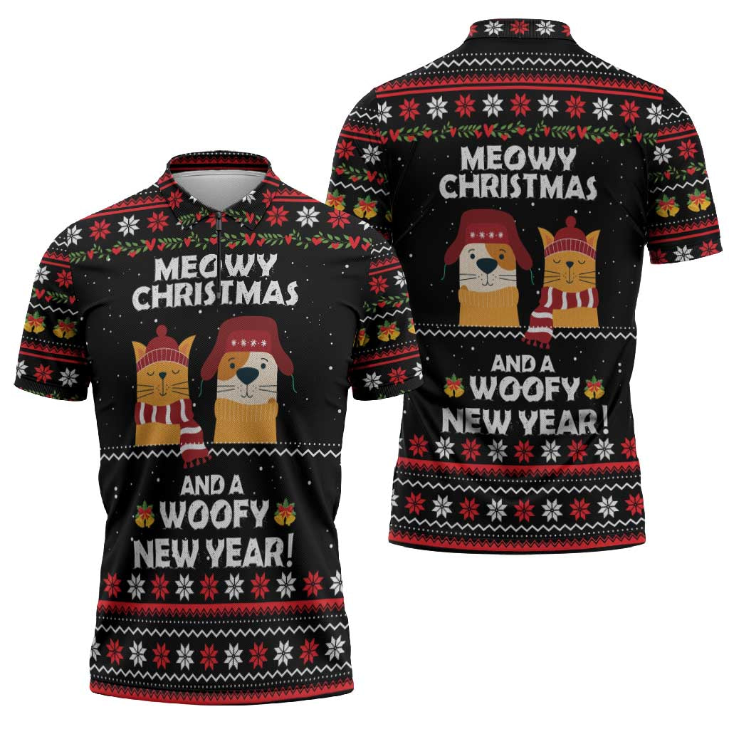 Meowy Christmas Woofy New Year Zipper Polo Shirt with Cat and Dog in Winter Hats and Festive Pattern Design - Wonder Print Shop
