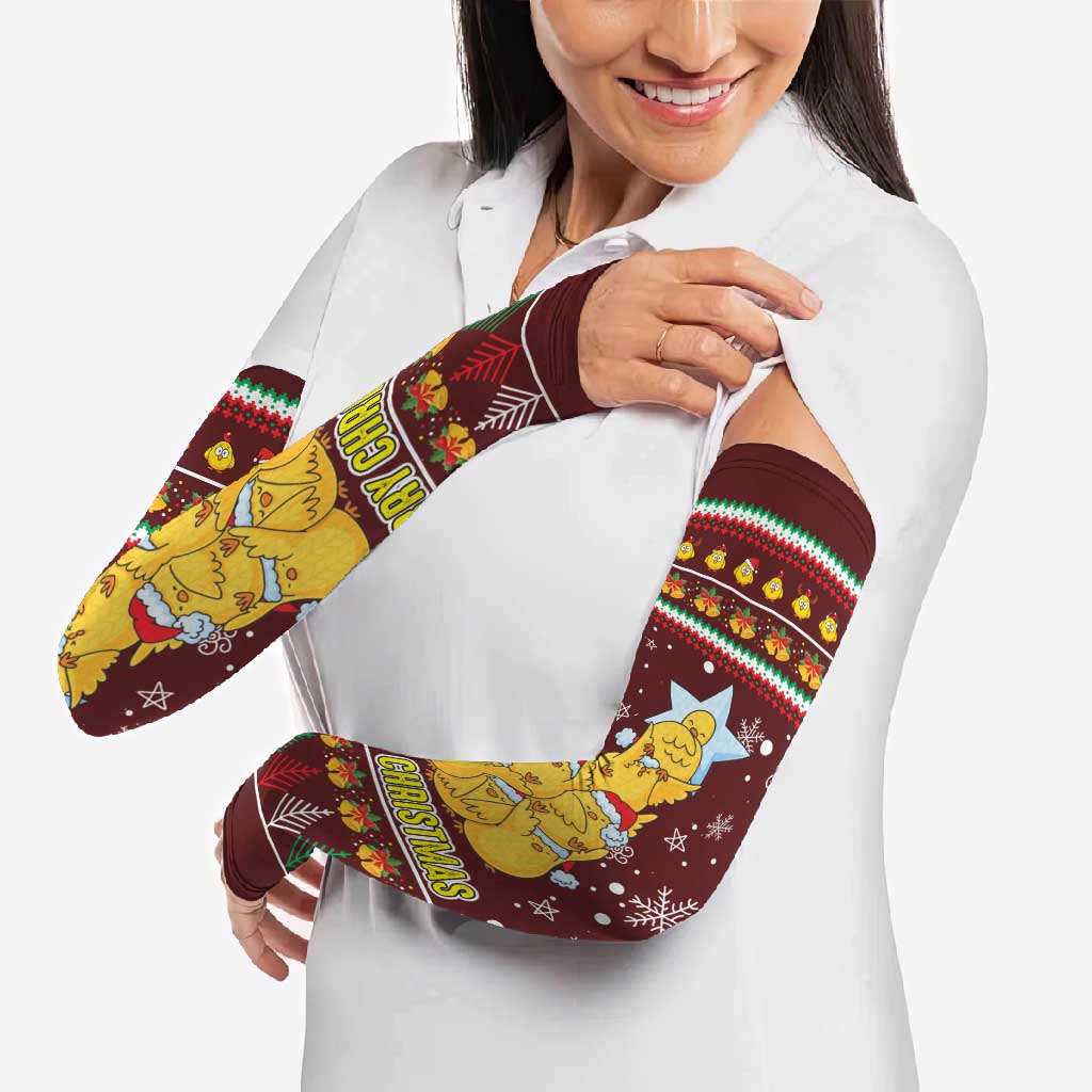 Merry Chickmas Christmas Arm Sleeves with Yellow Chickens Tree Design and Snowflake Pattern - Wonder Print Shop