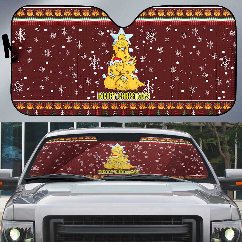 Merry Chickmas Christmas Auto Sun Shade with Yellow Chickens Tree Design and Snowflake Pattern - Wonder Print Shop