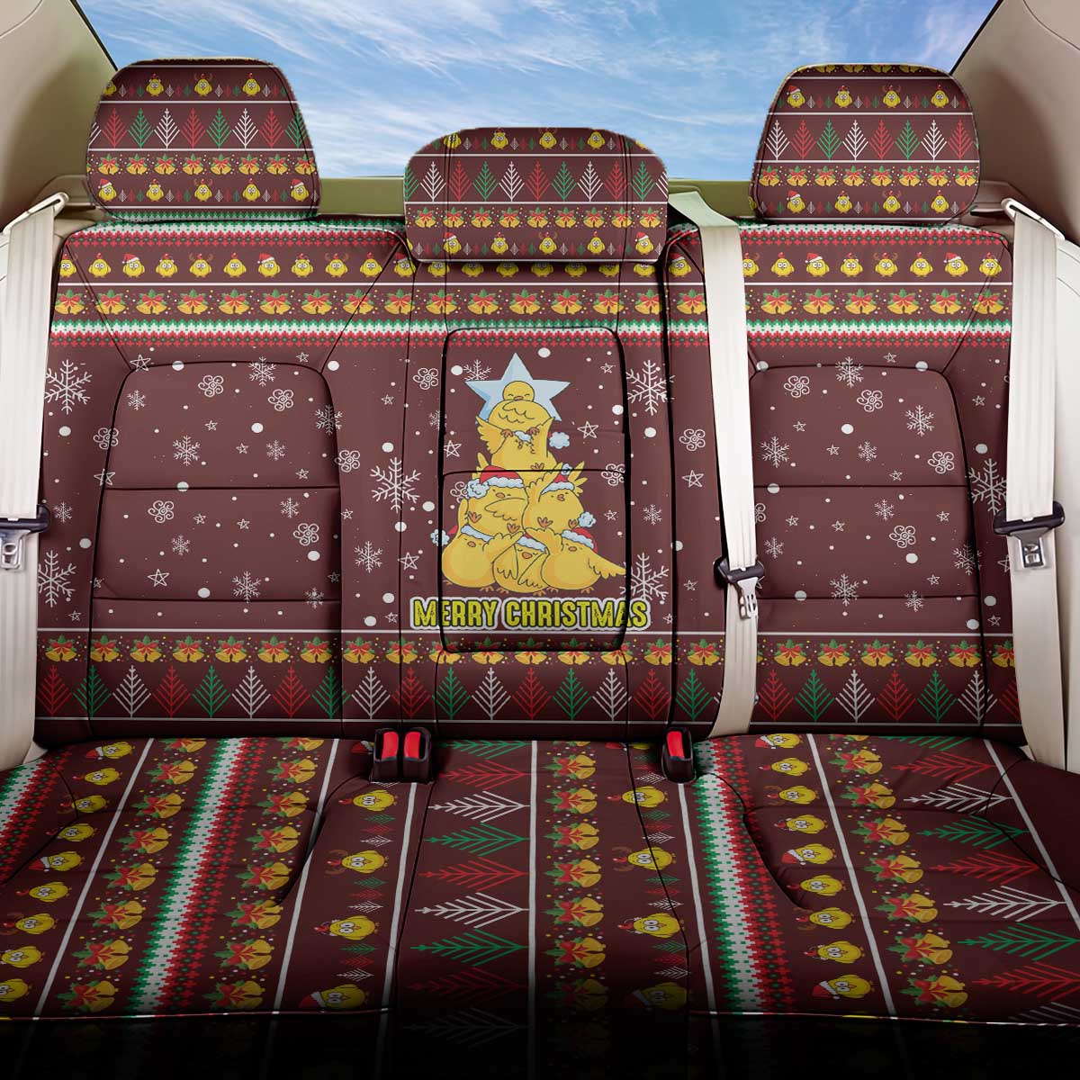 Merry Chickmas Christmas Back Car Seat Cover with Yellow Chickens Tree Design and Snowflake Pattern - Wonder Print Shop