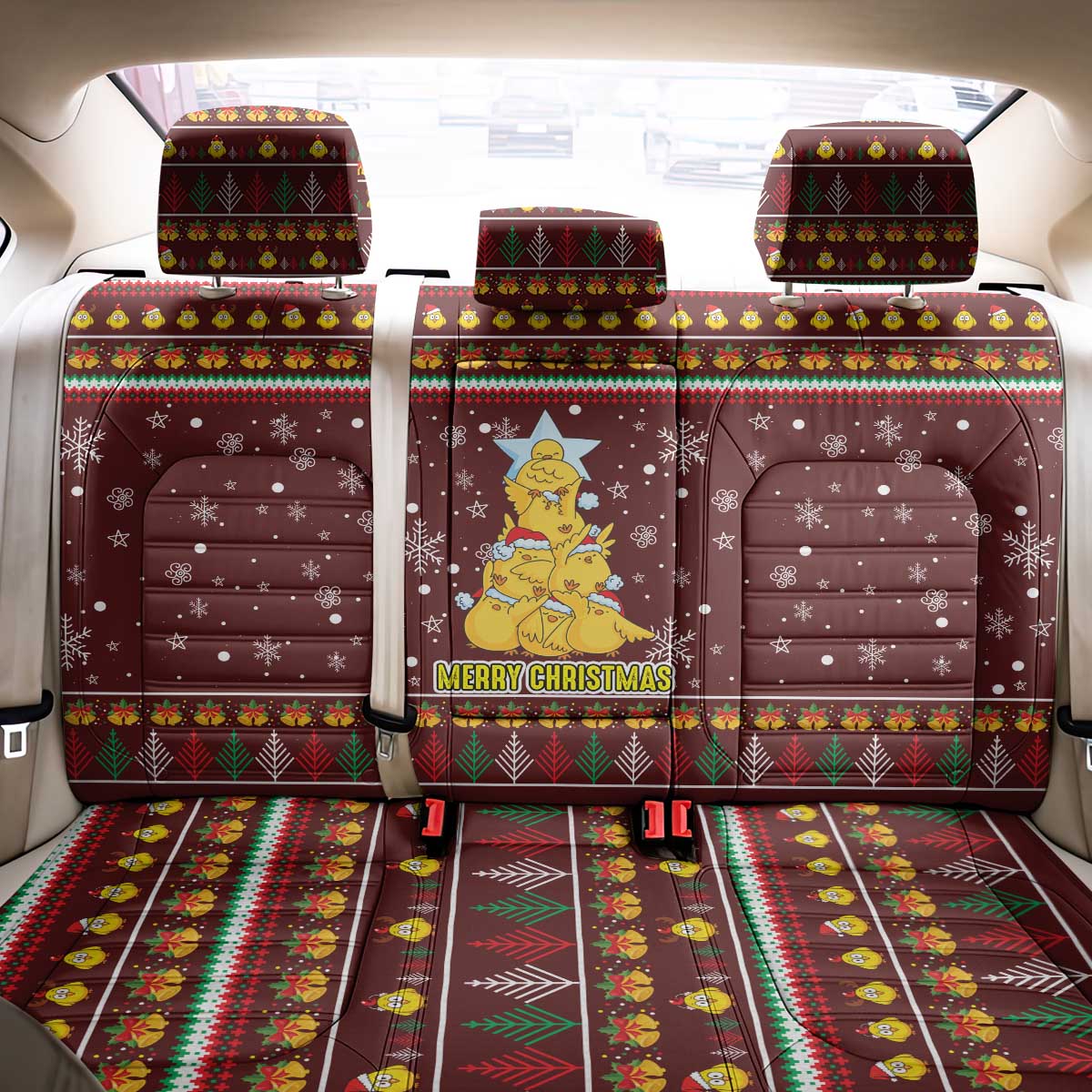 Merry Chickmas Christmas Back Car Seat Cover with Yellow Chickens Tree Design and Snowflake Pattern - Wonder Print Shop