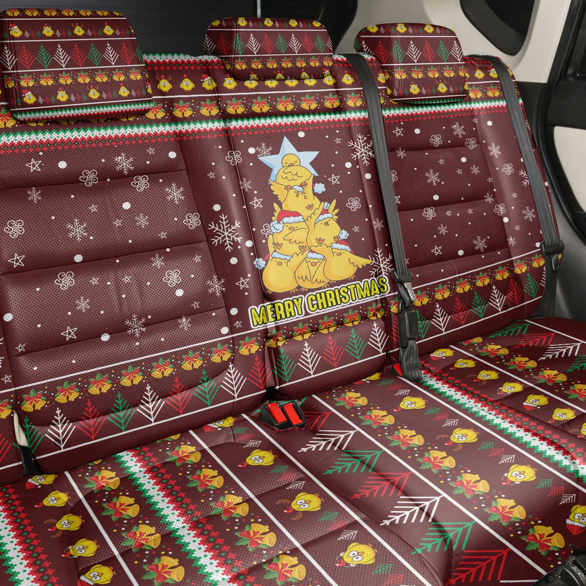 Merry Chickmas Christmas Back Car Seat Cover with Yellow Chickens Tree Design and Snowflake Pattern - Wonder Print Shop