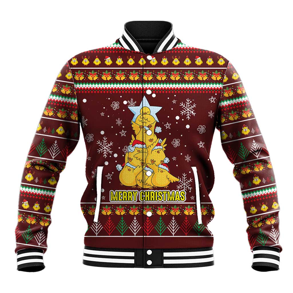 Merry Chickmas Christmas Baseball Jacket with Yellow Chickens Tree Design and Snowflake Pattern - Wonder Print Shop