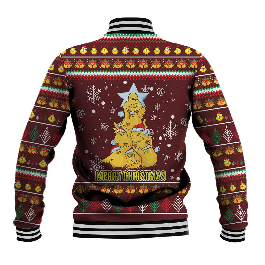 Merry Chickmas Christmas Baseball Jacket with Yellow Chickens Tree Design and Snowflake Pattern - Wonder Print Shop