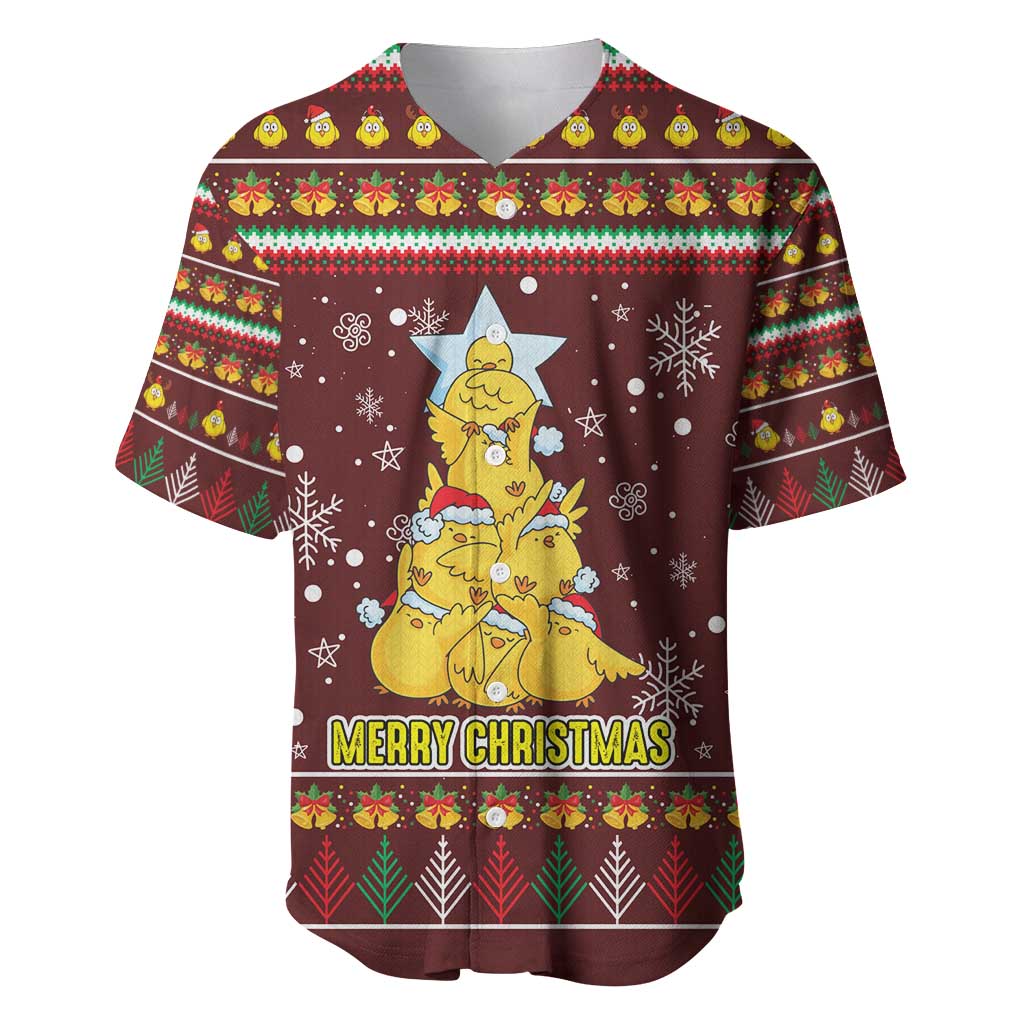 Merry Chickmas Christmas Baseball Jersey with Yellow Chickens Tree Design and Snowflake Pattern - Wonder Print Shop
