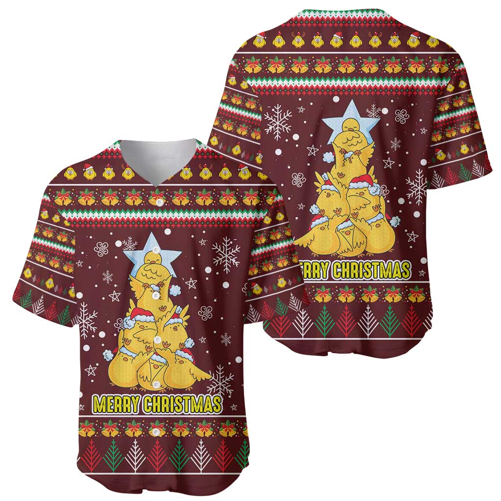 Merry Chickmas Christmas Baseball Jersey with Yellow Chickens Tree Design and Snowflake Pattern - Wonder Print Shop