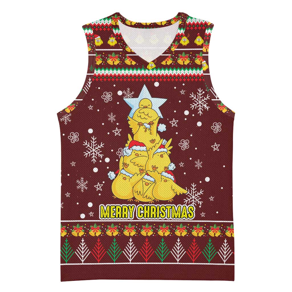 Merry Chickmas Christmas Basketball Jersey with Yellow Chickens Tree Design and Snowflake Pattern - Wonder Print Shop