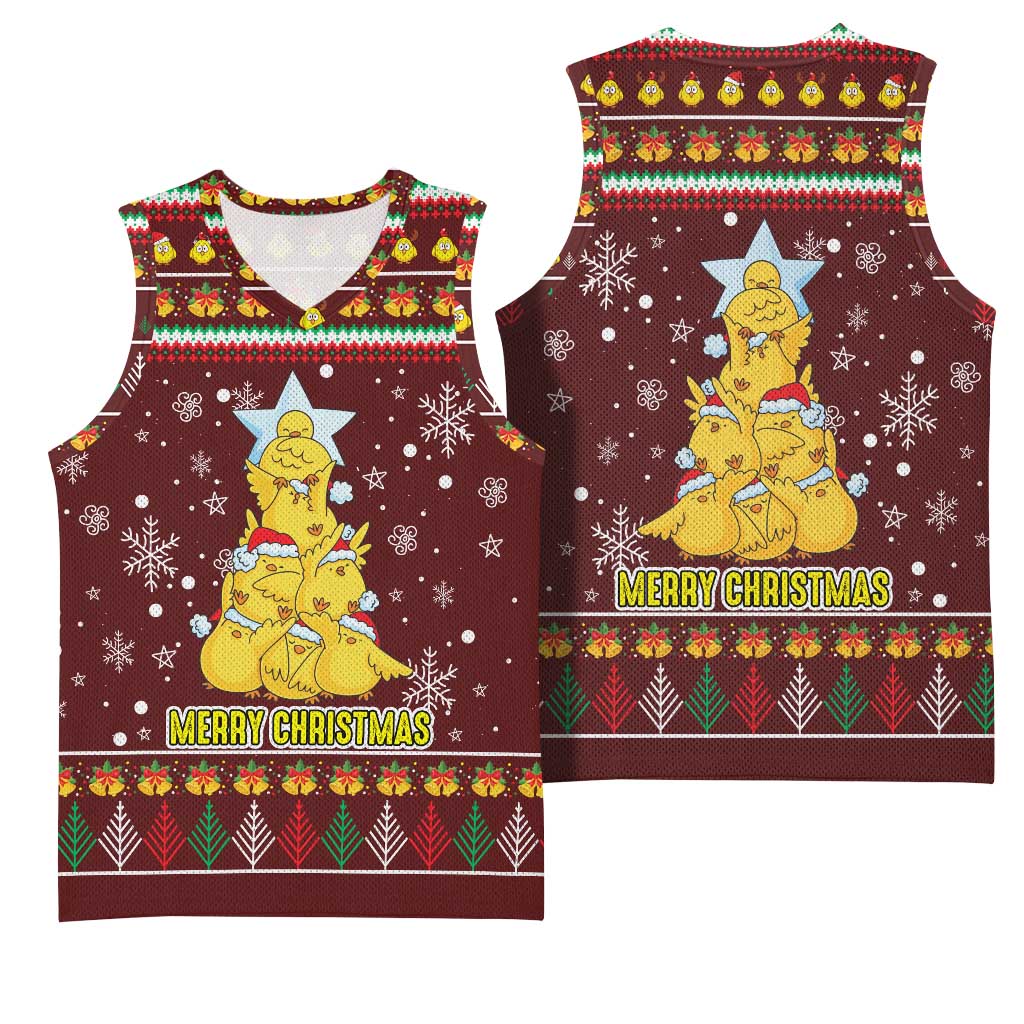 Merry Chickmas Christmas Basketball Jersey with Yellow Chickens Tree Design and Snowflake Pattern - Wonder Print Shop