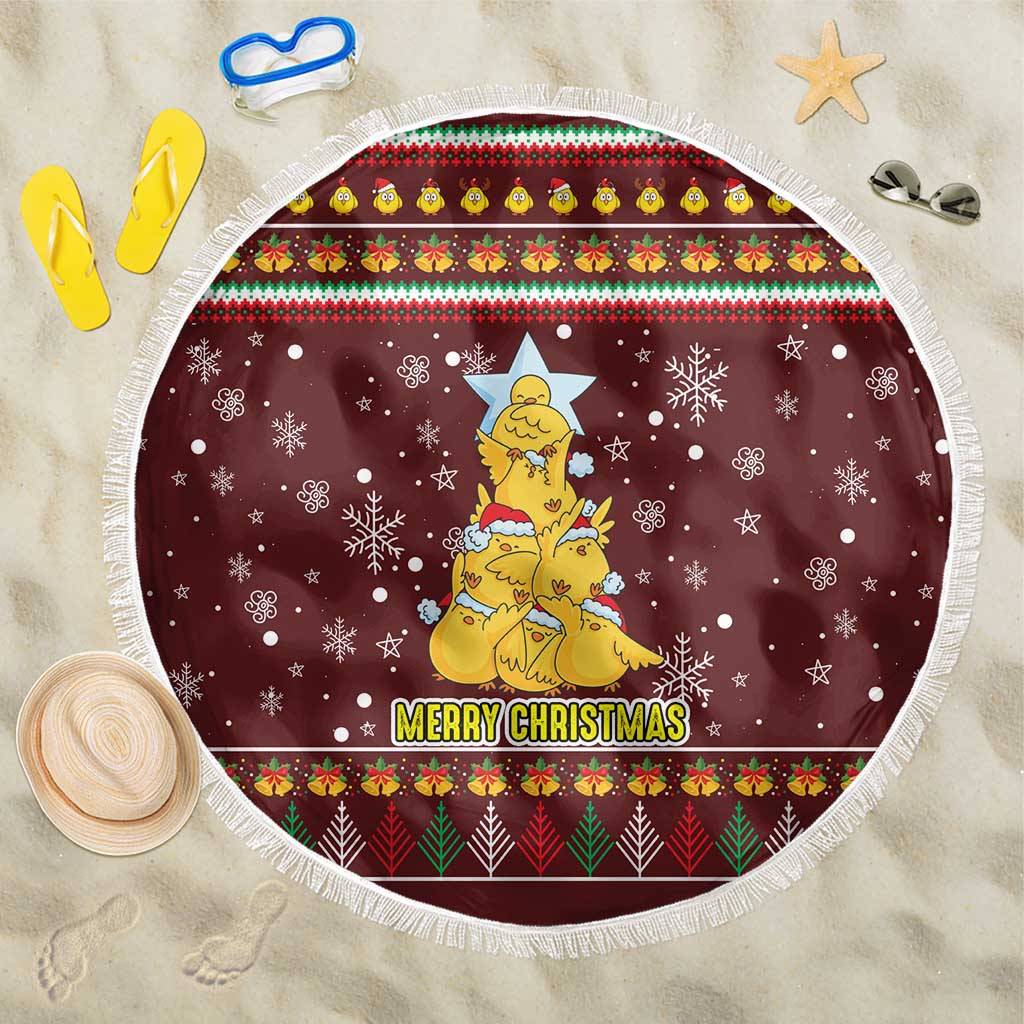 Merry Chickmas Christmas Beach Blanket with Yellow Chickens Tree Design and Snowflake Pattern - Wonder Print Shop