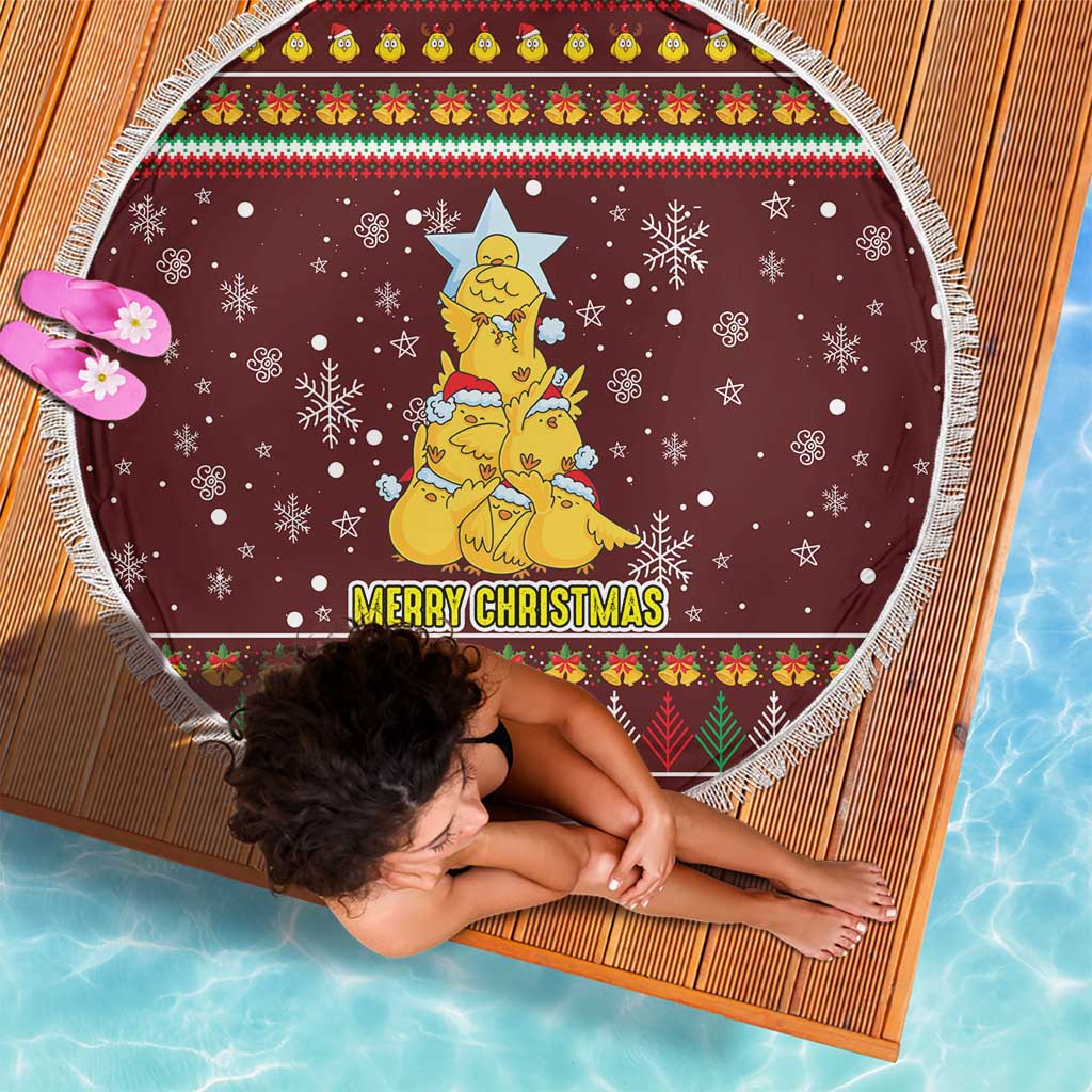 Merry Chickmas Christmas Beach Blanket with Yellow Chickens Tree Design and Snowflake Pattern - Wonder Print Shop