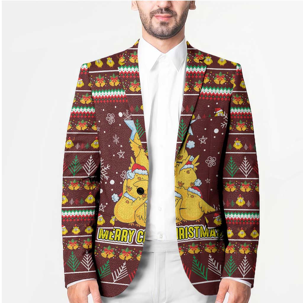 Merry Chickmas Christmas Blazer with Yellow Chickens Tree Design and Snowflake Pattern - Wonder Print Shop
