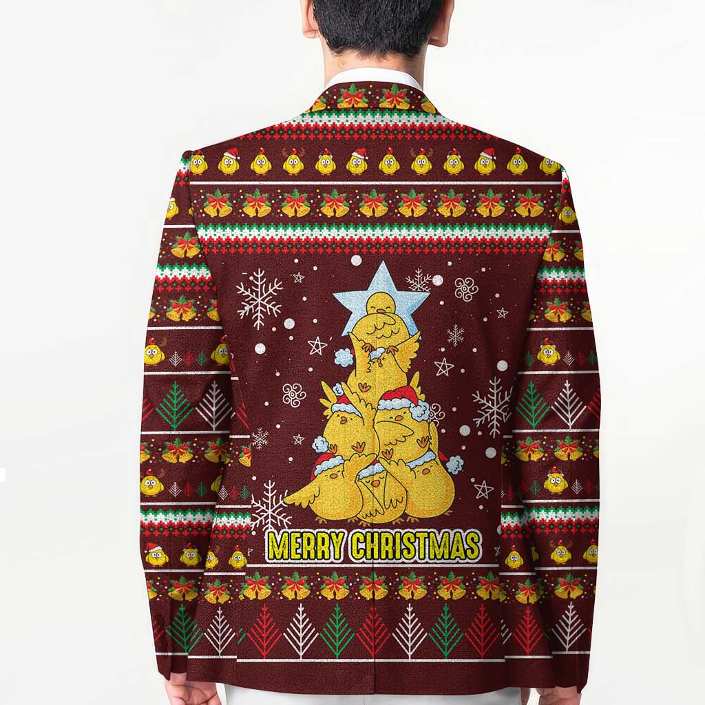 Merry Chickmas Christmas Blazer with Yellow Chickens Tree Design and Snowflake Pattern - Wonder Print Shop
