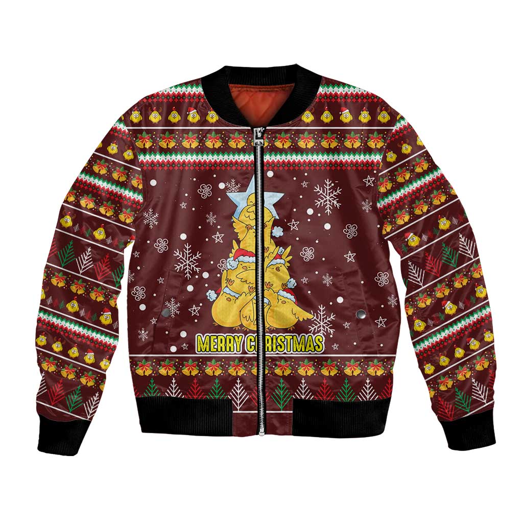 Merry Chickmas Christmas Bomber Jacket with Yellow Chickens Tree Design and Snowflake Pattern - Wonder Print Shop