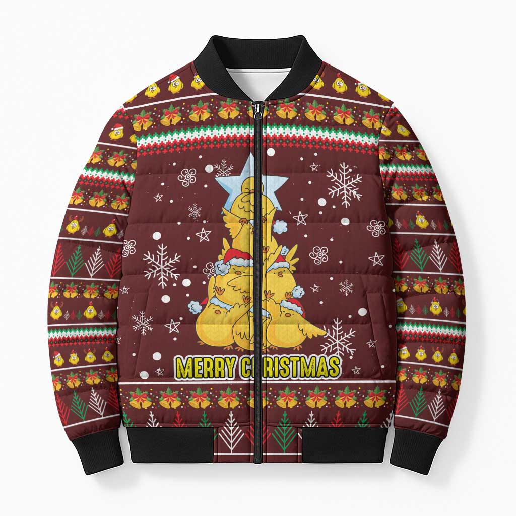 Merry Chickmas Christmas Bomber Puffer Jacket with Yellow Chickens Tree Design and Snowflake Pattern - Wonder Print Shop