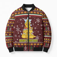 Merry Chickmas Christmas Bomber Puffer Jacket with Yellow Chickens Tree Design and Snowflake Pattern - Wonder Print Shop