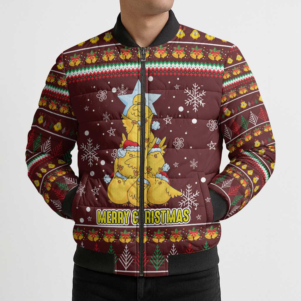 Merry Chickmas Christmas Bomber Puffer Jacket with Yellow Chickens Tree Design and Snowflake Pattern - Wonder Print Shop