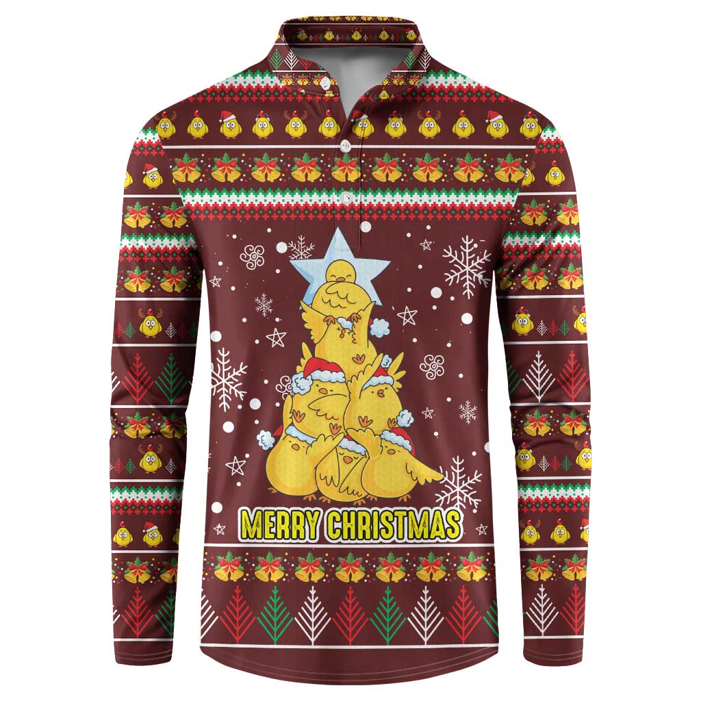 Merry Chickmas Christmas Button Sweatshirt with Yellow Chickens Tree Design and Snowflake Pattern - Wonder Print Shop