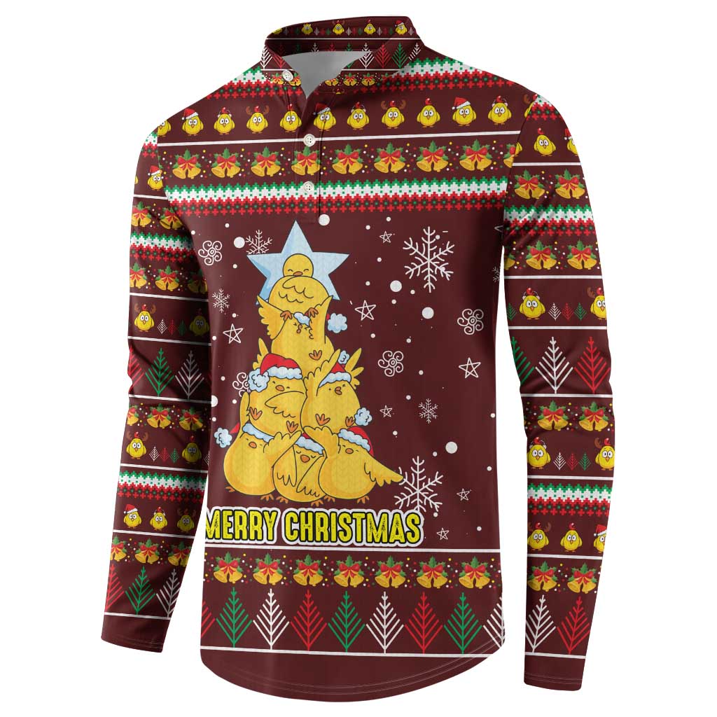 Merry Chickmas Christmas Button Sweatshirt with Yellow Chickens Tree Design and Snowflake Pattern - Wonder Print Shop