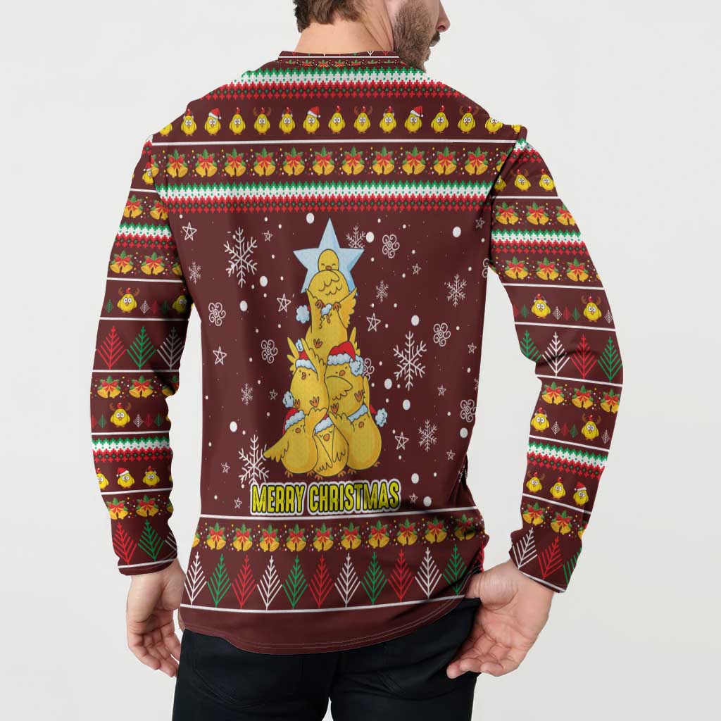 Merry Chickmas Christmas Button Sweatshirt with Yellow Chickens Tree Design and Snowflake Pattern - Wonder Print Shop