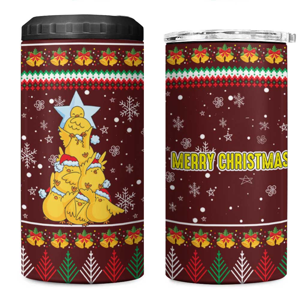 Merry Chickmas Christmas 4 in 1 Can Cooler Tumbler with Yellow Chickens Tree Design and Snowflake Pattern - Wonder Print Shop