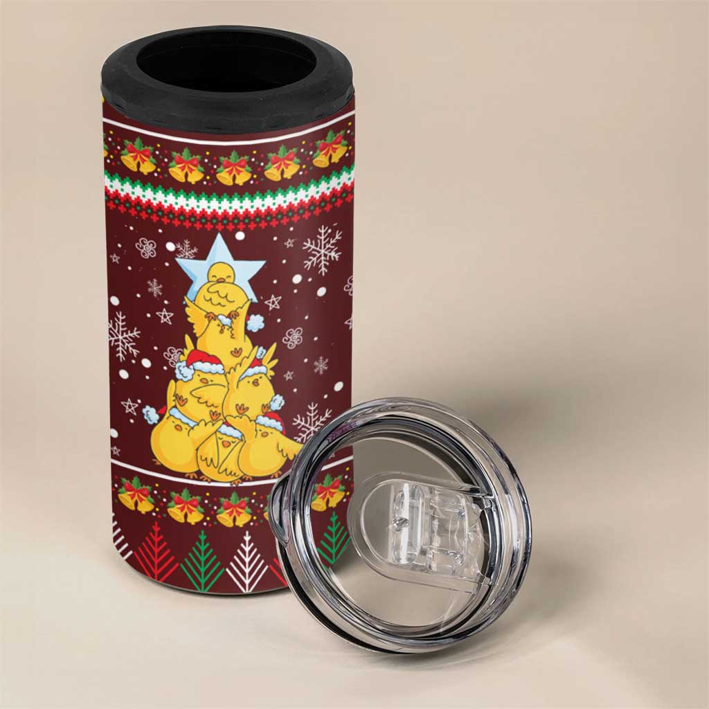 Merry Chickmas Christmas 4 in 1 Can Cooler Tumbler with Yellow Chickens Tree Design and Snowflake Pattern - Wonder Print Shop
