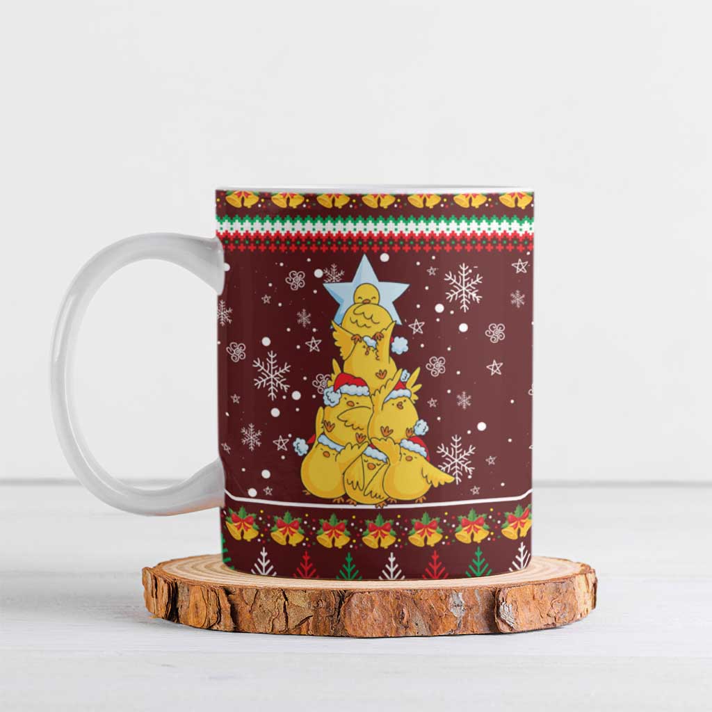 Merry Chickmas Christmas Ceramic Mug with Yellow Chickens Tree Design and Snowflake Pattern - Wonder Print Shop