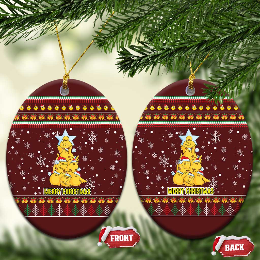 Merry Chickmas Christmas Ceramic Ornament with Yellow Chickens Tree Design and Snowflake Pattern - Wonder Print Shop