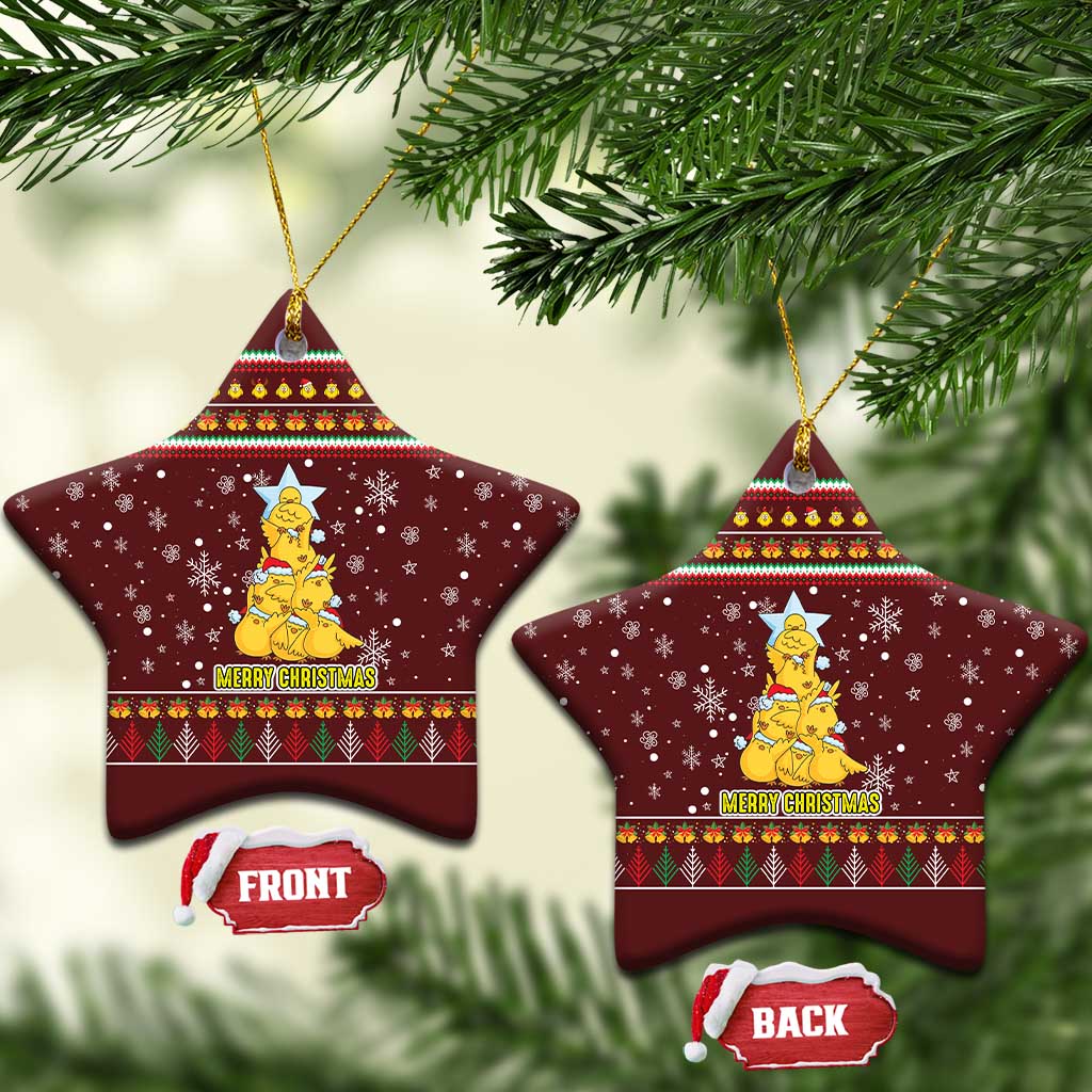 Merry Chickmas Christmas Ceramic Ornament with Yellow Chickens Tree Design and Snowflake Pattern - Wonder Print Shop