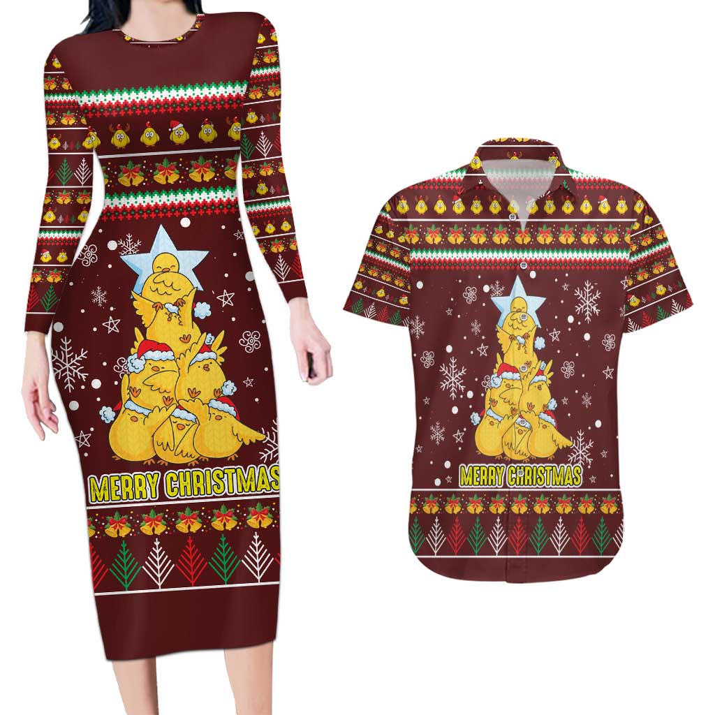 Merry Chickmas Christmas Couples Matching Long Sleeve Bodycon Dress and Hawaiian Shirt with Yellow Chickens Tree Design and Snowflake Pattern - Wonder Print Shop