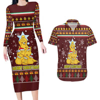 Merry Chickmas Christmas Couples Matching Long Sleeve Bodycon Dress and Hawaiian Shirt with Yellow Chickens Tree Design and Snowflake Pattern - Wonder Print Shop