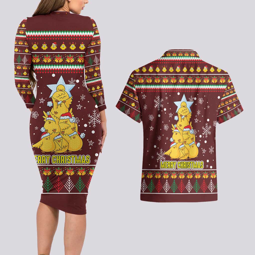 Merry Chickmas Christmas Couples Matching Long Sleeve Bodycon Dress and Hawaiian Shirt with Yellow Chickens Tree Design and Snowflake Pattern - Wonder Print Shop