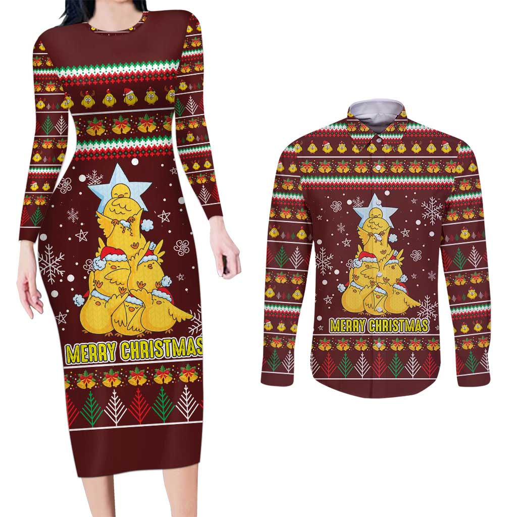 Merry Chickmas Christmas Couples Matching Long Sleeve Bodycon Dress and Long Sleeve Button Shirt with Yellow Chickens Tree Design and Snowflake Pattern - Wonder Print Shop