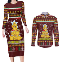 Merry Chickmas Christmas Couples Matching Long Sleeve Bodycon Dress and Long Sleeve Button Shirt with Yellow Chickens Tree Design and Snowflake Pattern - Wonder Print Shop