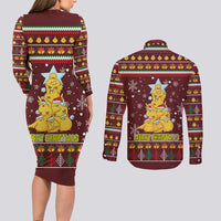 Merry Chickmas Christmas Couples Matching Long Sleeve Bodycon Dress and Long Sleeve Button Shirt with Yellow Chickens Tree Design and Snowflake Pattern - Wonder Print Shop