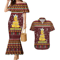 Merry Chickmas Christmas Couples Matching Mermaid Dress and Hawaiian Shirt with Yellow Chickens Tree Design and Snowflake Pattern - Wonder Print Shop