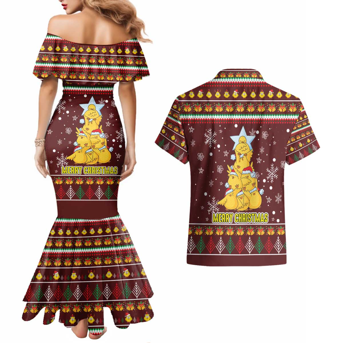 Merry Chickmas Christmas Couples Matching Mermaid Dress and Hawaiian Shirt with Yellow Chickens Tree Design and Snowflake Pattern - Wonder Print Shop