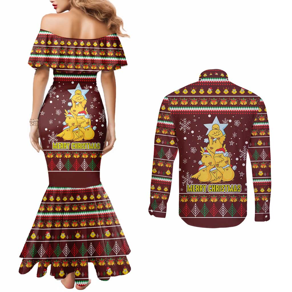 Merry Chickmas Christmas Couples Matching Mermaid Dress and Long Sleeve Button Shirt with Yellow Chickens Tree Design and Snowflake Pattern - Wonder Print Shop