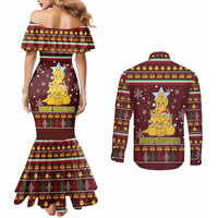 Merry Chickmas Christmas Couples Matching Mermaid Dress and Long Sleeve Button Shirt with Yellow Chickens Tree Design and Snowflake Pattern - Wonder Print Shop
