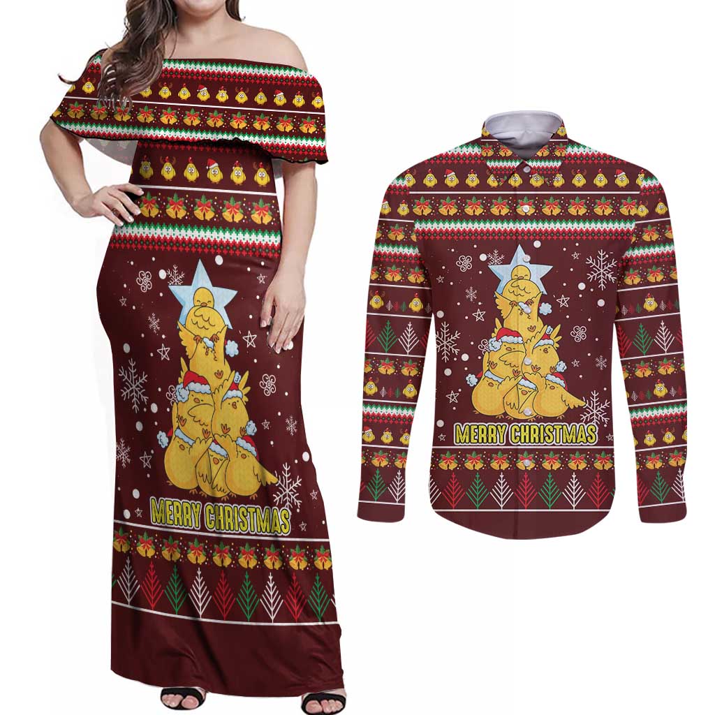 Merry Chickmas Christmas Couples Matching Off Shoulder Maxi Dress and Long Sleeve Button Shirt with Yellow Chickens Tree Design and Snowflake Pattern - Wonder Print Shop